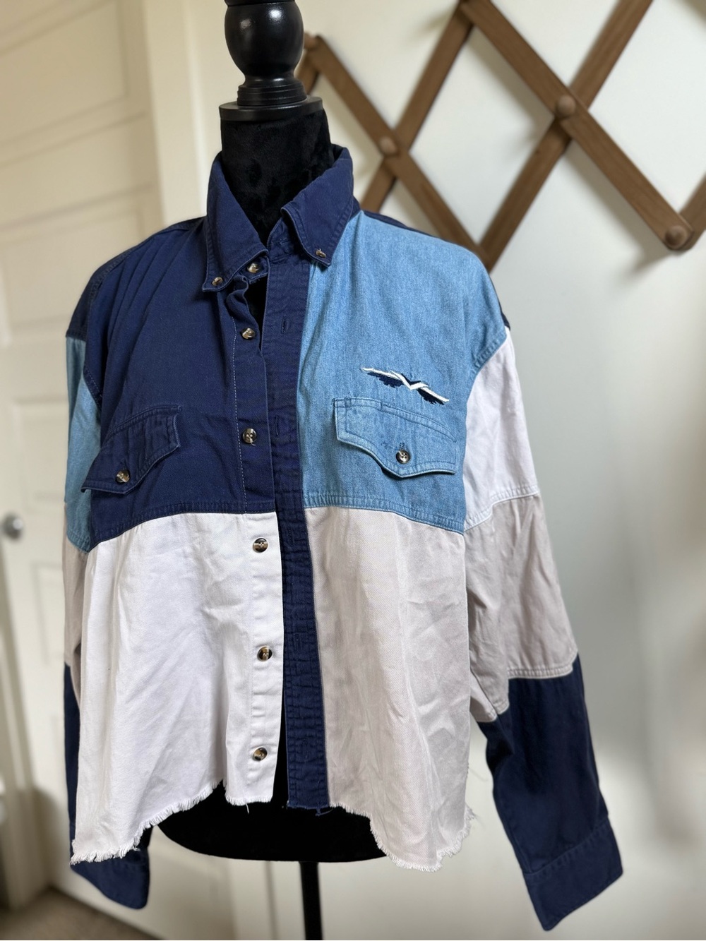 Men's Colorblock Button-Down Shirt in Navy, Light Blue & White